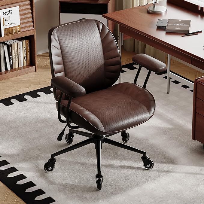 BFZ Home Office Desk Chair, Adjustable Comfy Desk Chair with Wheels, Comfortable Ergonomic Office Chair, Criss Cross Office Desk Chair with Back for Vanity,Home Office or Workspace, Dark Brown Leather