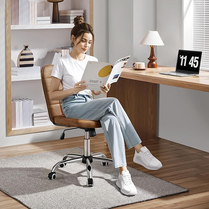 Yaheetech Armless Desk Chair Modern Tufted Office Chair Faux Leather Upholstered Computer Chair with Adjustable Seat Height and Rolling Wheels for Home/Office, Retro Brown