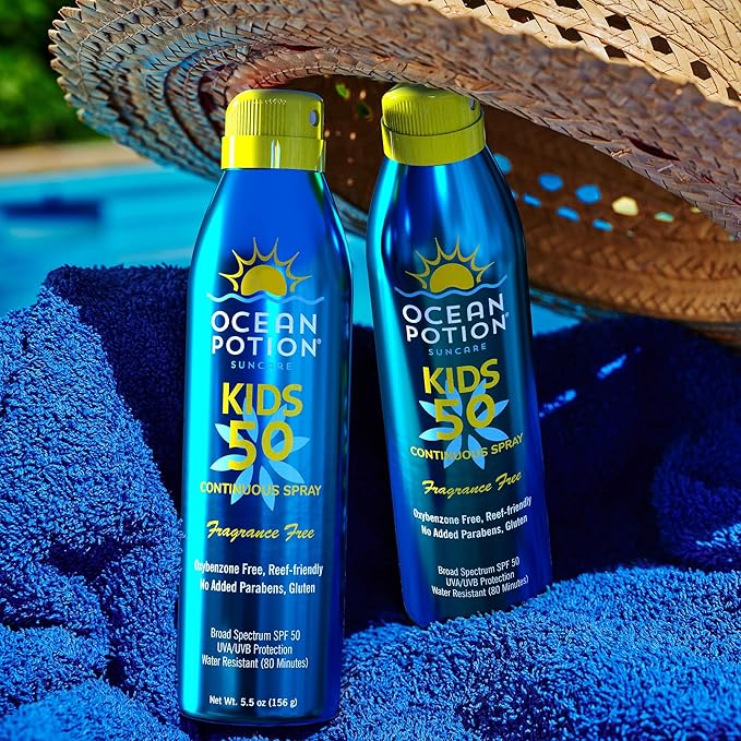 Ocean Potion Kids Sunscreen Spray SPF 50, Broad Spectrum UVA/UVB Sunscreen, Continuous Sunscreen Spray with Vitamin E & Aloe, Oxybenzone-Free, Fragrance-Free, Water-Resistant, 5.5 oz