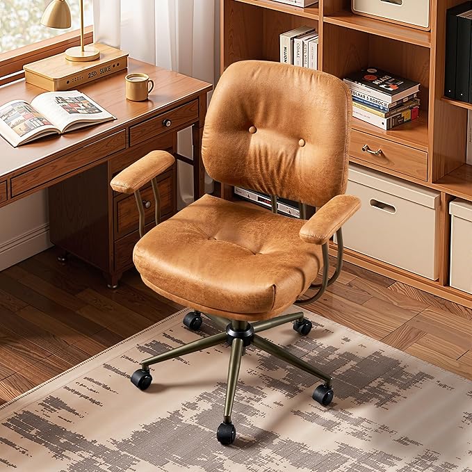 HOOOWOOO Ergonomic Office Chair,Mid Century Modern Computer Desk Chair,Comfy Executive Chair with Extra Wide Tufted Cloudy Seat Lumbar Support Rocking Back,Suede Leather Light Brown