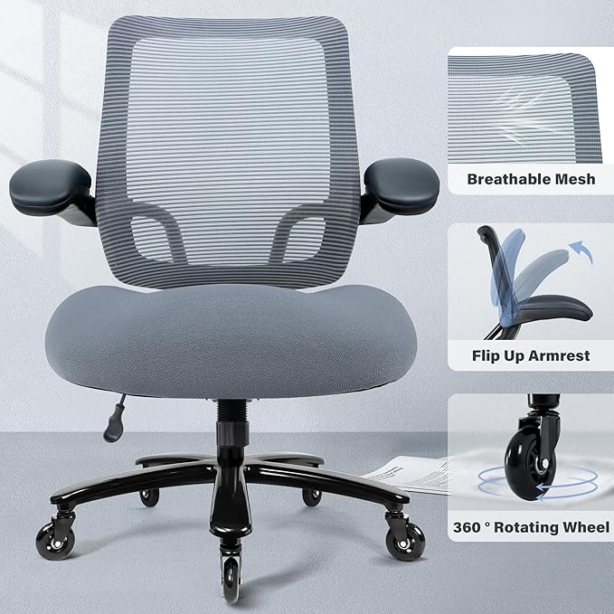 500LBS Big and Tall Office Chair with Flip-Up Armrests, Heavy Duty Office Chair for Heavy People, Memory Foam Seat Filling Springs, Grey