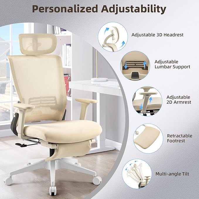 Foldable Office Chair with Foot Rest, Ergonomic Office Chair with Adjustable Lumbar Support, Headrest, Armrest, Home Office Desk Chair for Space Saving, Work from Home, Cream