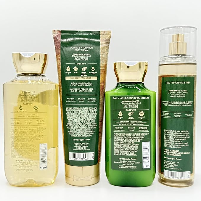 Sunrise Woods 4-Piece Bath & Body Bundle | Body Wash, Ultimate Hydration Body Cream, Daily Nourishing Body Lotion and Fine Fragrance Mist
