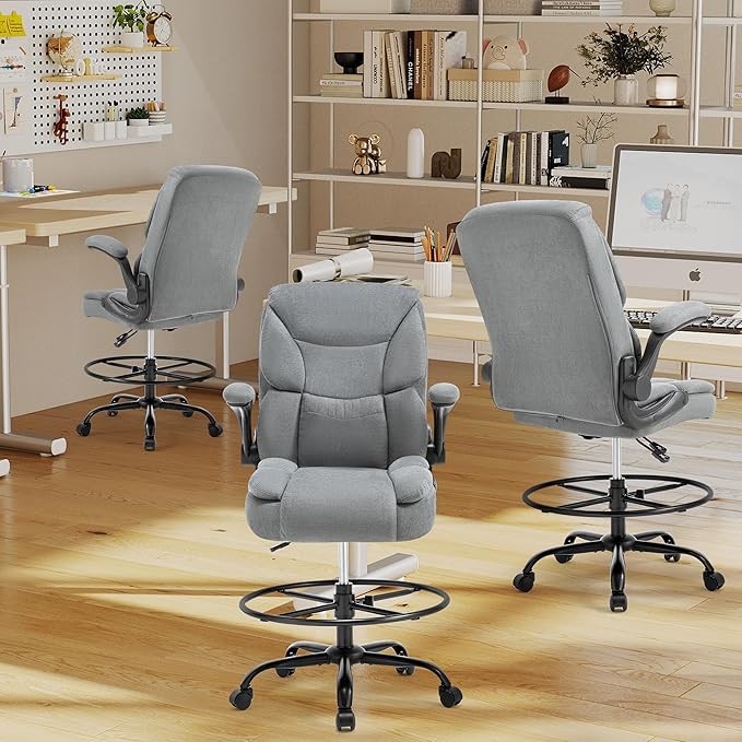 Ergonomic Drafting Chair, Tall Office Chair for Standing Desk, High Back Standing Desk Chair with Flip-Up Armrest, Adjustable Height & Foot Ring, Executive Fabric Extended Height Office Chairs, Grey