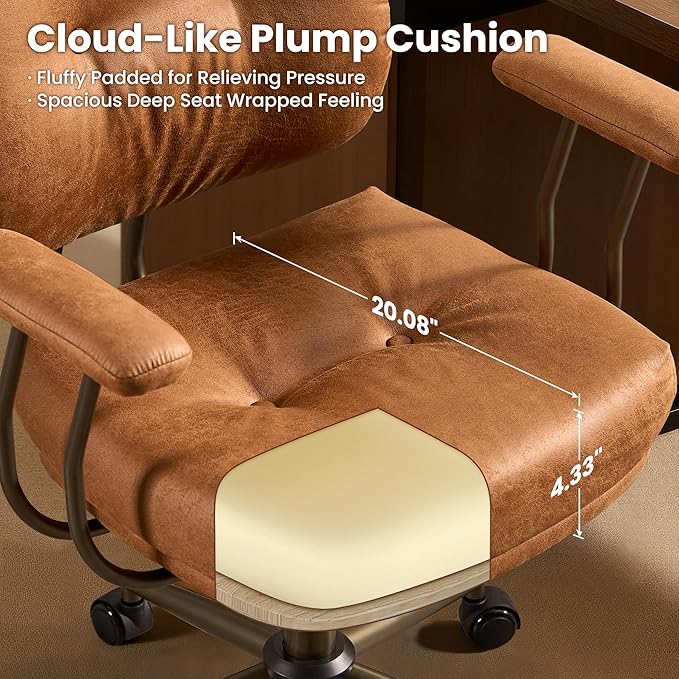 ovios Ergonomic Office Chair, Mid Back Faux Leather Executive Chairs with Thick Cushion, Comfy Mid-Century Modern Swivel Rolling Computer Armchair (Brown, Suede Leather)