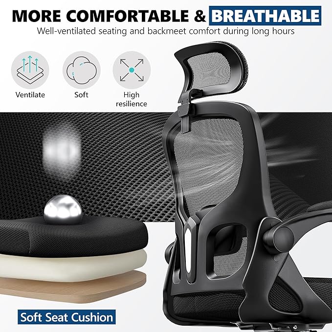 Ergonomic Office Chair, Mesh Desk Chair with Adjustable Headrest & Lumbar Support, Rolling Computer Chair with Flip-up Armrests, Comfy Swivel Home Office Chair for Long Hours - Black