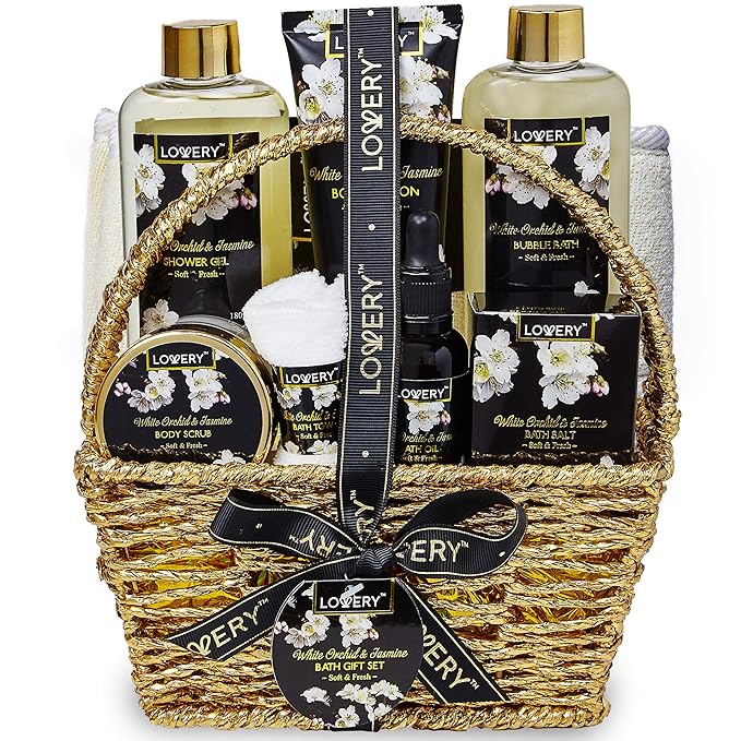 Gift Baskets for women Mom Gifts, Bath and Body Spa Set– Orchid & Jasmine Home Spa Set With Body Scrubs, Lotions, Oils, Gels and More - Care Package for Women & Men - 9 Piece Set