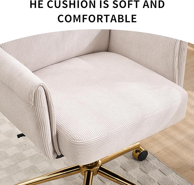 Stripes Velvet Home Office Desk Chair, Accent Upholstered Modern Height Adjustable Swivel Chair with Wheels,Ergonomic Task Chair for Living Room,Bedroom,Vanity,Study,Office（Cream）