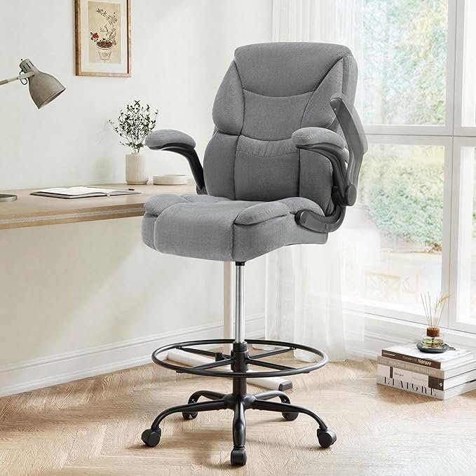 Ergonomic Drafting Chair, Tall Office Chair for Standing Desk, High Back Standing Desk Chair with Flip-Up Armrest, Adjustable Height & Foot Ring, Executive Fabric Extended Height Office Chairs, Grey