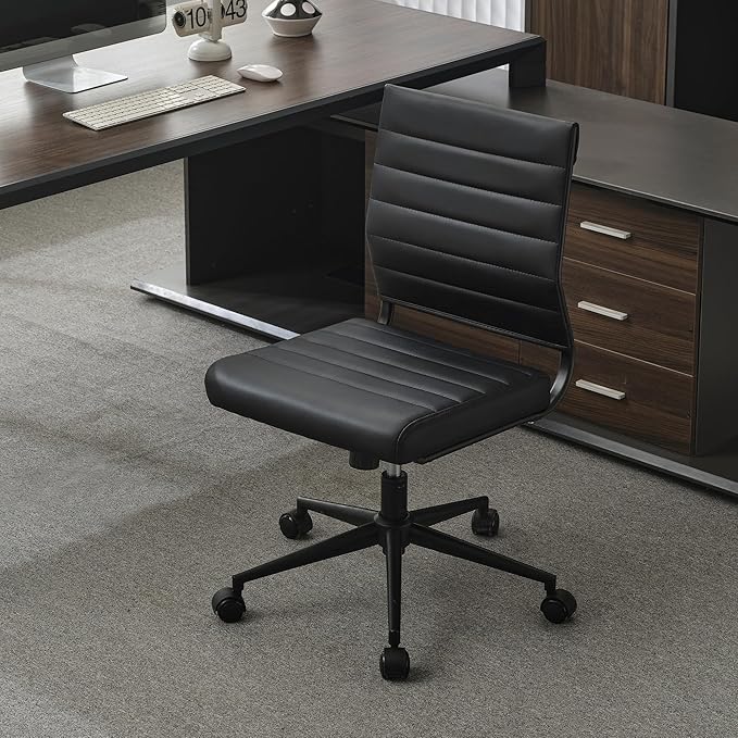 Okeysen Office Desk Chair No Arms, Mid Back Ergonomic Swivel Black Armless Conference Room Chairs, Adjustable Height PU Leather Home Desk Chair, Modern Small Rolling Computer Task Chair