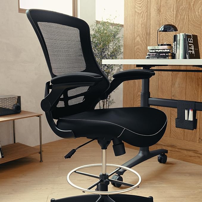 Flash Furniture Kelista Mid-Back Swivel Office Chair with Adjustable LeatherSoft Seat Height, Ergonomic Mesh Chair with Flip-Up Arms, Black