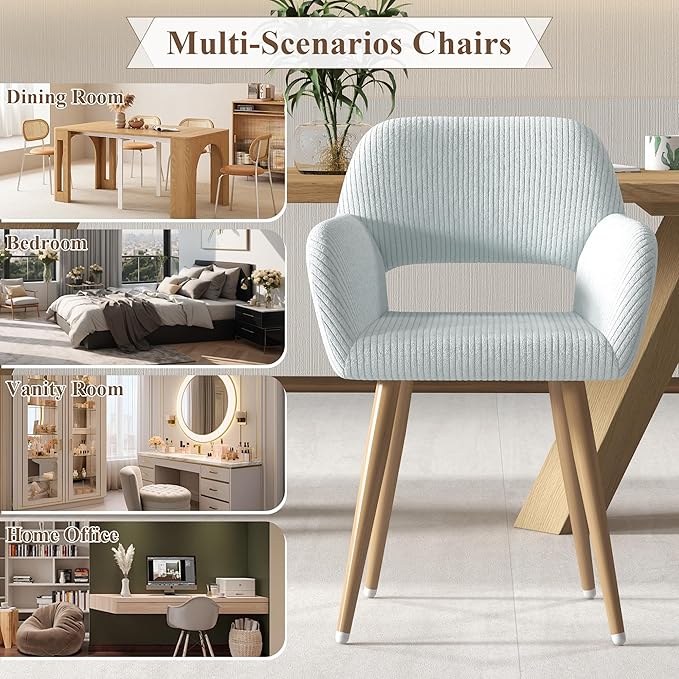 Home Office Desk Chair Set of 4, Corduroy Fabric Vanity Chair for Makeup with Hollow Backrest, Comfy Armchair Wood Frame with Strudy Metal Legs, Light Blue