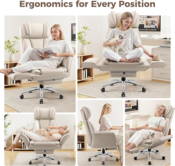Big and Tall Office Chair, Flip Armrests for Pets & Cross Legged Sitting, Ergonomic Leather Executive Desk Chair with Foot Rest, High-Back Reclining Computer Chairs for Office Home Game - Beige
