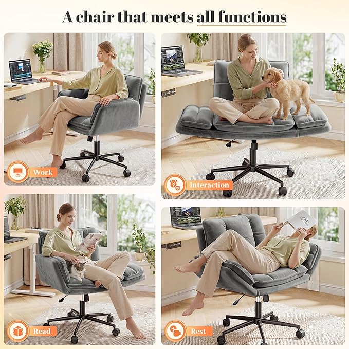 Criss Cross Chair with Wheels, Ergonomic Office Chair with Adjustable Armrests, Vanity Chair with Back for Bedroom, Makeup Room and Office Room, Gray