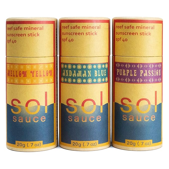 Colorful Zinc Sunscreen Sticks • All Natural • Non-Toxic • Reef Safe • Non-Staining • Plastic-Free Packaging, yellow, blue, and purple