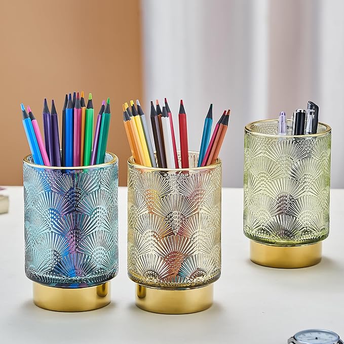 Makeup Brush Holder Organizer,Toothbrush Holders,Desk Pen Pencil Holder,Multifunctional Vintage Glass Brush Cup（A41-3-US）