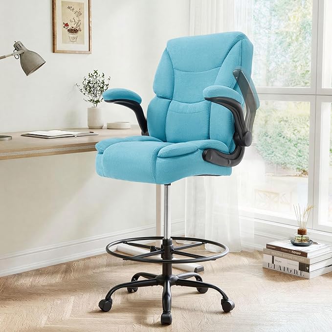 Ergonomic Drafting Chair, Tall Office Chair for Standing Desk, High Back Standing Desk Chair with Flip-Up Armrest, Adjustable Height & Foot Ring, Executive Fabric Extended Height Office Chairs, Blue