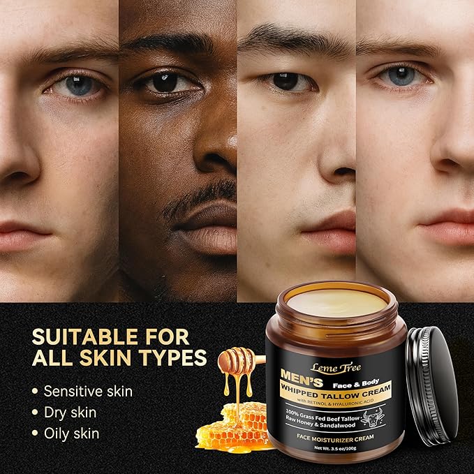 Men's Beef Tallow for Skin, Whipped Grass-Fed Beef Tallow Face Cream, Tallow Balm with Anti-Aging Retinol & Hyaluronic Acid, Mens Skin Care Face Moisturizer, Reduces Wrinkles Lines, Sandalwood, 3.5 OZ