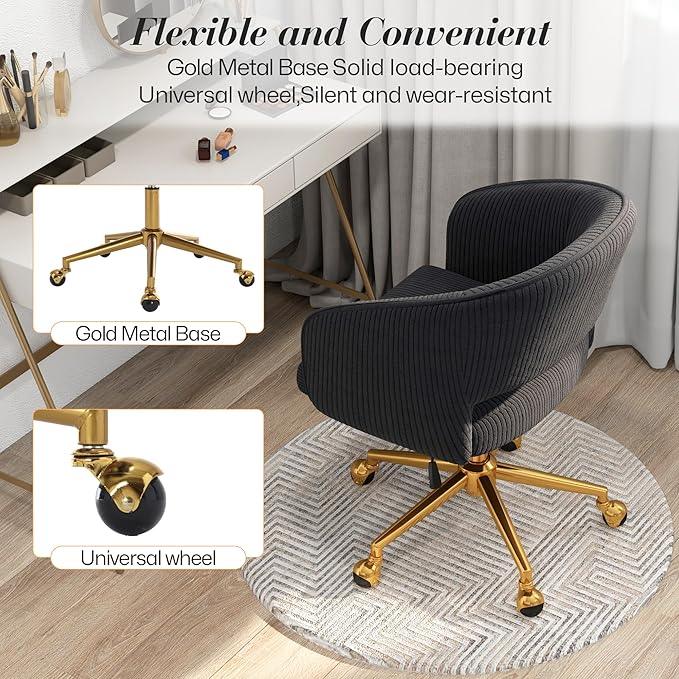 Home Office Swivel Desk Chair, Modern Corduroy Vanity Chair, Height Adjustable Armchair with Gold Base, Ergonomic Office Chair for Task Study Computer Room, Black