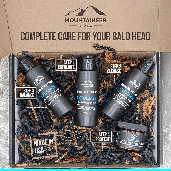 Mountaineer Brand Bald Head Care Gifts For Bald Men | All Natural 4 Step Daily Skin Care for Healthy Scalp & Face | Exfoliate Scrub | Cleanse Wash | Shine Away PH Balance | Protect Moisturizing Balm