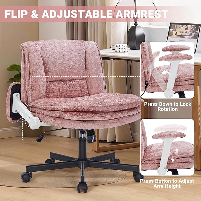 Criss Cross Chair with Wheels and Flip Arms, Upholstered Cross Legged Office Chair with 3 Layer Cushions&Dynamic Airbag Lumbar Support, Wide Seat Comfy Desk Chair for Home Office, Living Room, Pink