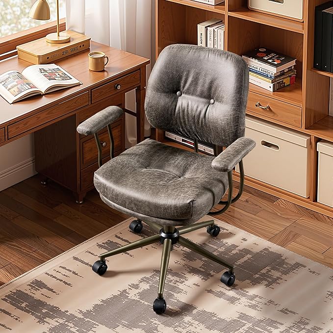 HOOOWOOO Ergonomic Office Chair,Mid Century Modern Computer Desk Chair,Comfy Executive Chair with Extra Wide Tufted Cloudy Seat Lumbar Support Rocking Back,Suede Leather Grey