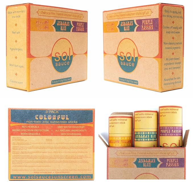 Colorful Zinc Sunscreen Sticks • All Natural • Non-Toxic • Reef Safe • Non-Staining • Plastic-Free Packaging, yellow, blue, and purple
