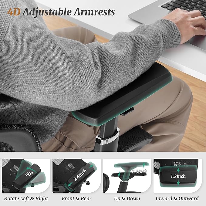 Ergonomic Office Chair with Footrest - 5-Level Adjustable Lumbar Support & 90-135°Recline, 3D Headrest & 4D Armrests, Breathable Mesh Seat Computer Chair for Home Office, Gaming, Black