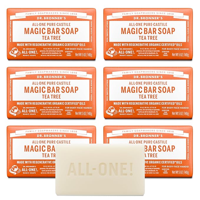 Dr. Bronner's Pure-Castile Magic Bar Soap (Tea Tree, 5 ounce, 6-Pack) - Made with Regenerative Organic Certified Oils, For Face, Body & Hair, Gentle, Vegan, Non-GMO