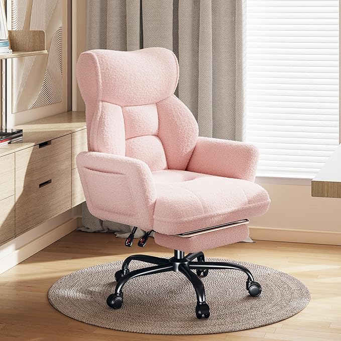Big and Tall Office Chair with Adjustable Arms and Back, Ergonomic Office Chair with Footrest and Comfortable Fabric for Home Office, Bedroom,Pink