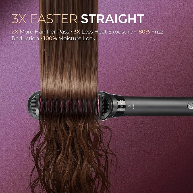 TYMO Flat Iron Hair Straightener Brush 2 in 1, 200M Ions Hair Straighteners for Women, Ceramic Dual Voltage Straightening Hot Comb for Anti-Frizz Straights, Waves, Curl, 3X Less Heat Damage, Black
