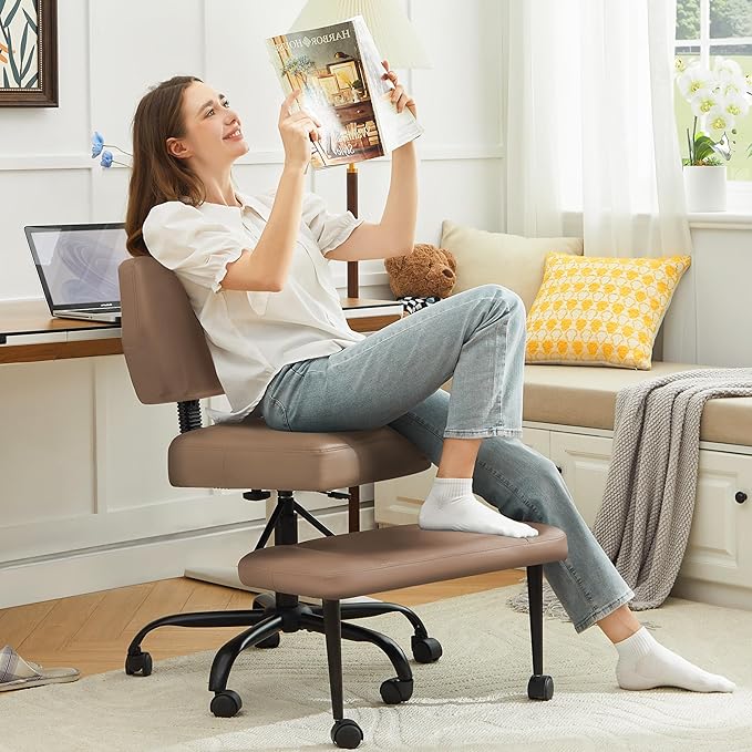 Criss Cross Legged Office Chair with Wheels,Swivel Meditation Chair for ADHD,Ergonomic Cross Legged Desk Chair with Thicken Adjustable Footstool,PU Sitting Fidgeting Kneeling Chair for Home Yoga Brown