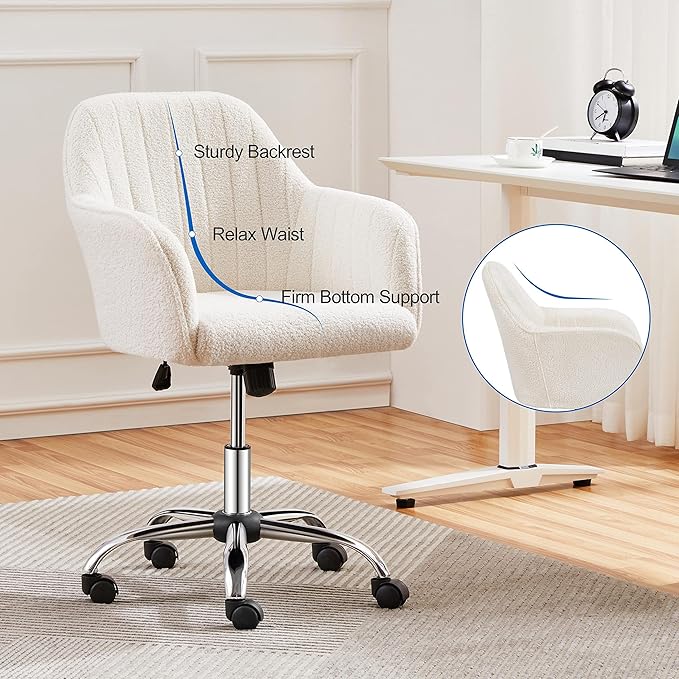 Yaheetech Boucle Desk Vanity Chair with Back Comfy Office Rolling Chair with Wheels Ergonomic Height Adjustable Swivel Modern Accent Armchair for Bedroom Ivory
