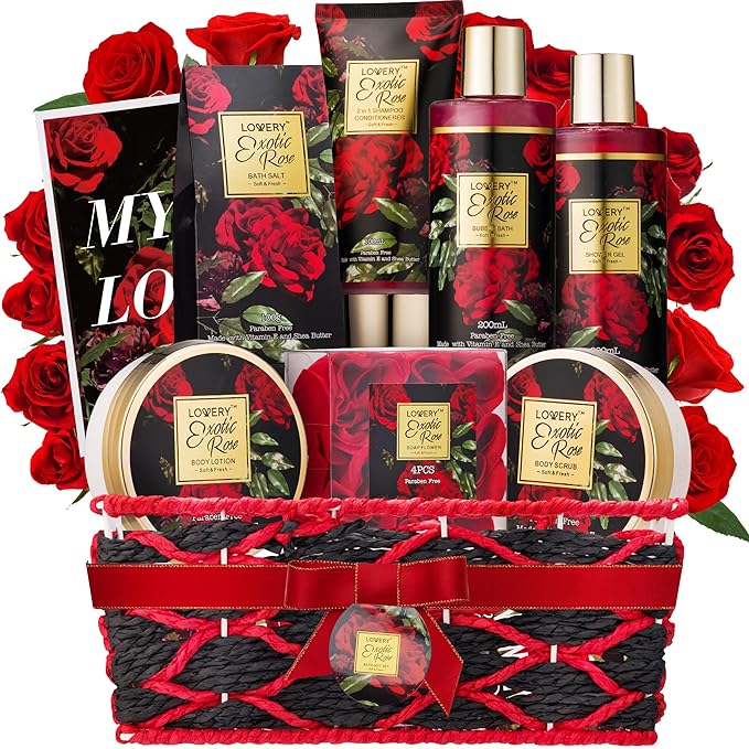 Gifts for Her - Exotic Rose Valentine Gift Basket for Women, Spa Bath and Body Gift Set, Anniversary Gifts for Women, Mom Birthday Gift with Body Scrub, Bubble Bath, Lotion & More
