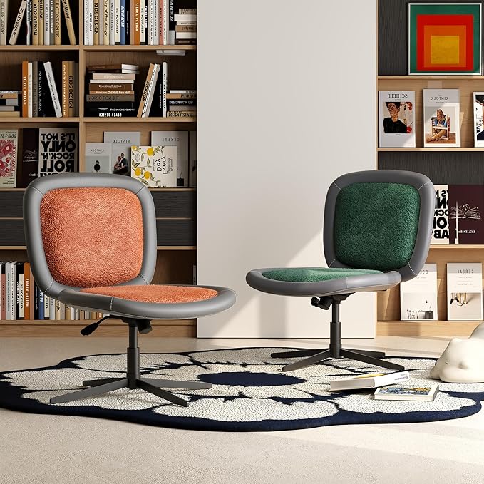 Nordic Armless Ergonomic Office Chair with Wheels, Diamond Tufted PU Leather Computer Chair, Adjustable Height Desk Chair with Solid Wood Back for Small Home Office (No Wheels-Orange)