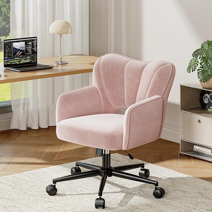 Vanity Chair with Wheels & Back,Pink Vanity Chair Adjustable Height Comfy Desk Chairs for Makeup, Work & Relaxation，Pink