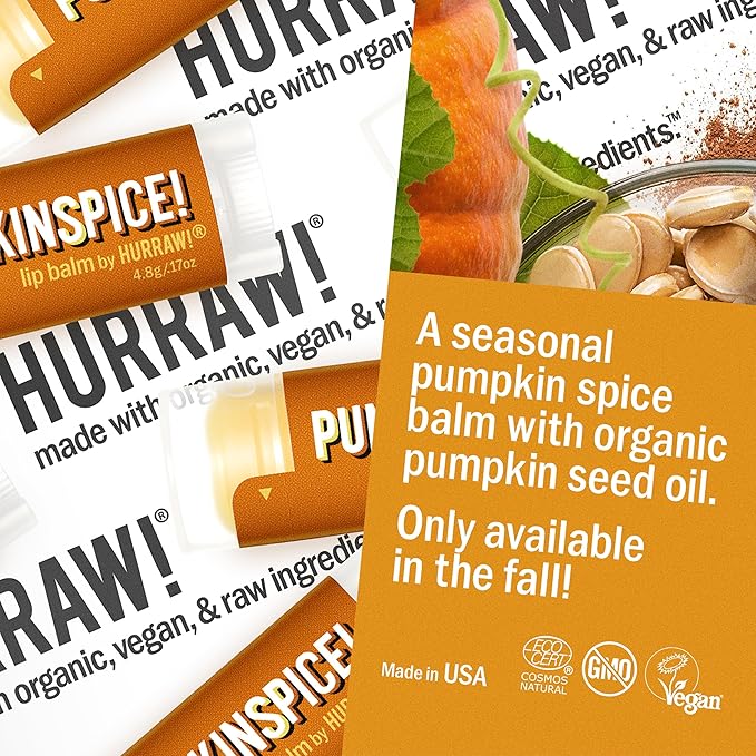 Hurraw! Pumpkin Spice Lip Balm: Organic, Certified Vegan, Cruelty and Gluten Free. Non-GMO, 100% Natural Ingredients. Bee, Shea, Soy and Palm Free. Made in USA