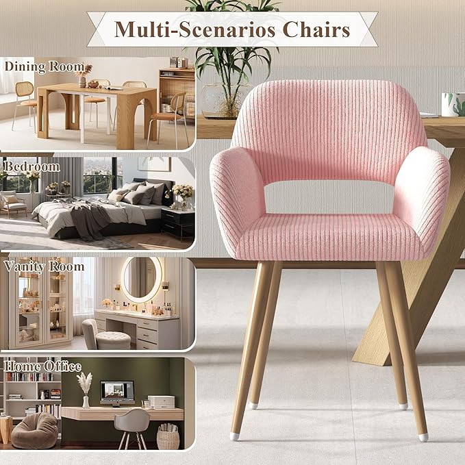 Home Office Desk Chair Set of 2, Corduroy Fabric Vanity Chair for Makeup with Hollow Backrest, Comfy Armchair Wood Frame with Strudy Metal Legs, Pink