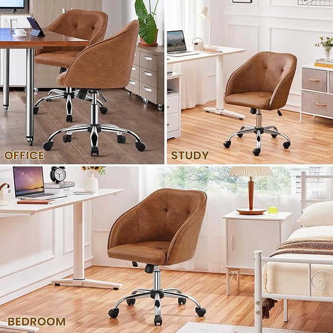 Yaheetech Home Office Desk Chair Vanity Chair with Back Small Leather Computer Chair with Swivel Wheels Modern Accent Armchair for Office Bedroom Retro Brown