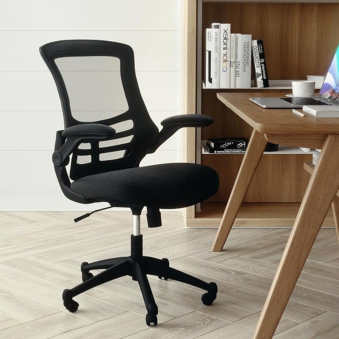 Flash Furniture Kelista Mid-Back Swivel Office Chair with Adjustable Seat Height, Ergonomic Mesh Desk Chair with Flip-Up Armrests, Black