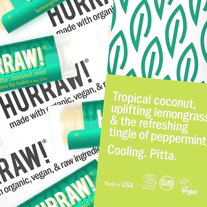 Hurraw! Coconut, Mint, Lemongrass (Pitta) Lip Balm: Organic, Certified Vegan, Cruelty and Gluten Free. Non-GMO, 100% Natural Ingredients. Bee, Shea, Soy and Palm Free. Made in USA