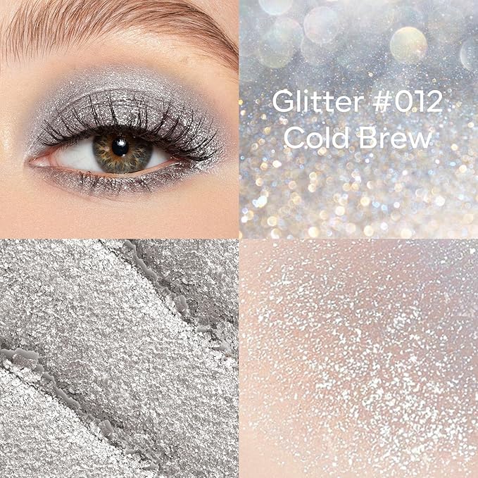 KYDA Silver Glitter Eyeshadow, Sparkling Metallic Silver Eyeshadow, Ultra-fine Lightweight, Crease-proof High Pigmented Formula, Mini Glitter Eyes Makeup, Cold Brew