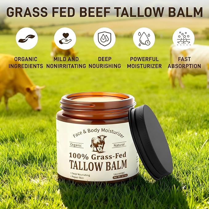 Veakoo Beef Tallow for Skin & Face, Organic Grass Fed Beef Tallow Balm, Unscented Natural Tallow Face Moisturizer, Body Butter, Moisturizing Cream for Women Men, Nourish Soothe Dry Skin