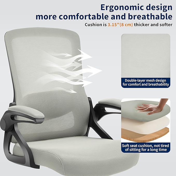 Ergonomic Office Chair, Desk Chair with Adjustable Lumbar Support, Breathable Mesh Comfy Computer Chairs with Flip-up Armrests Executive Task Chair for Adults Home Office (Dark Gray)