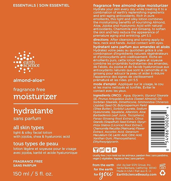 EARTH SCIENCE Almond Aloe Fragrance Free Facial Moisturizer, 150 ML