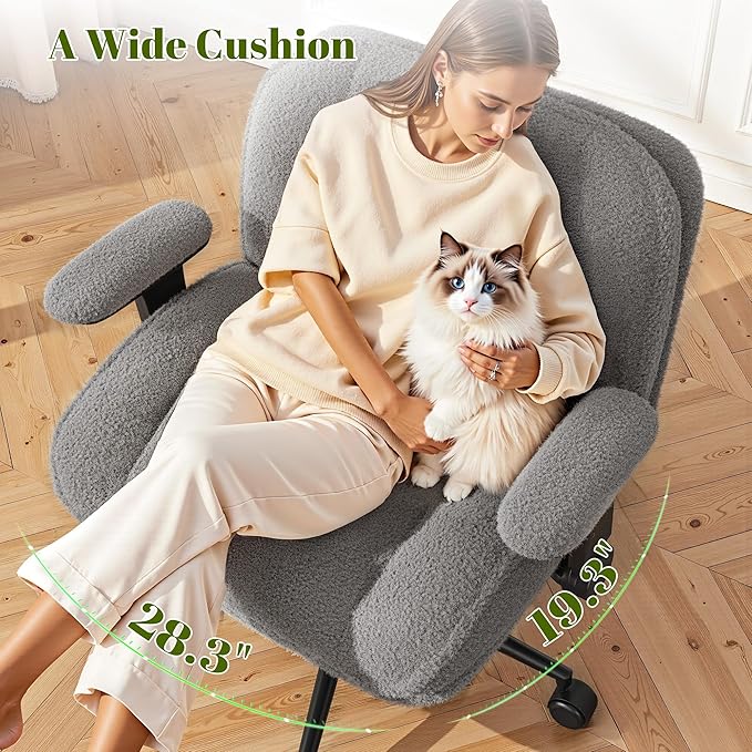 Cross Legged Office Chair with Flip-Up Arms,Oversized Criss Cross Chair with Wheels,Wide & Extra-Deep Seat Thickened for Home Office,Vanity, Bedroom,Apartment Dorms,Plush Cushion,Comfy,Grey