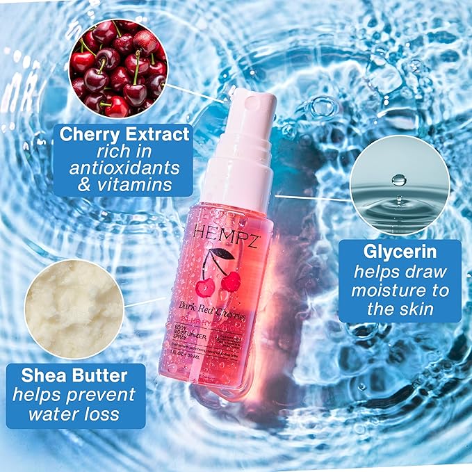 Hempz Cherry Hydrating Mist Spray, Dark Red Cherries lightweight fragrance, Travel Size Moisturizer, Beach Vacation Essential, 1 fl.oz.