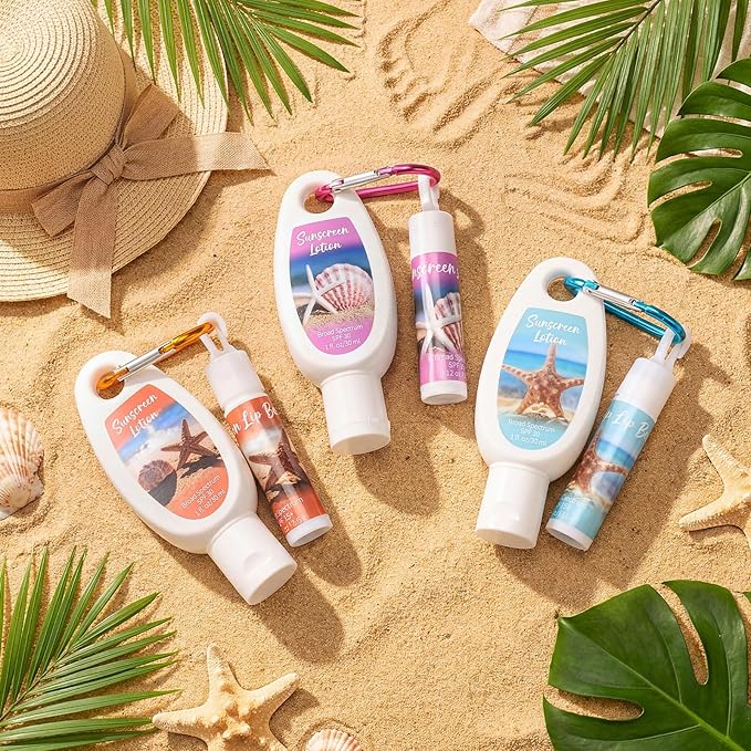 Demissle 24 Sets Mini Sunscreen and Sunscreen Lip Balms Bulk Spf 30 Travel Size with Carabiner Clip-on Lip Balms Packets for Summer Wedding Bridal Baby Shower Party Favors Gifts(Beach)