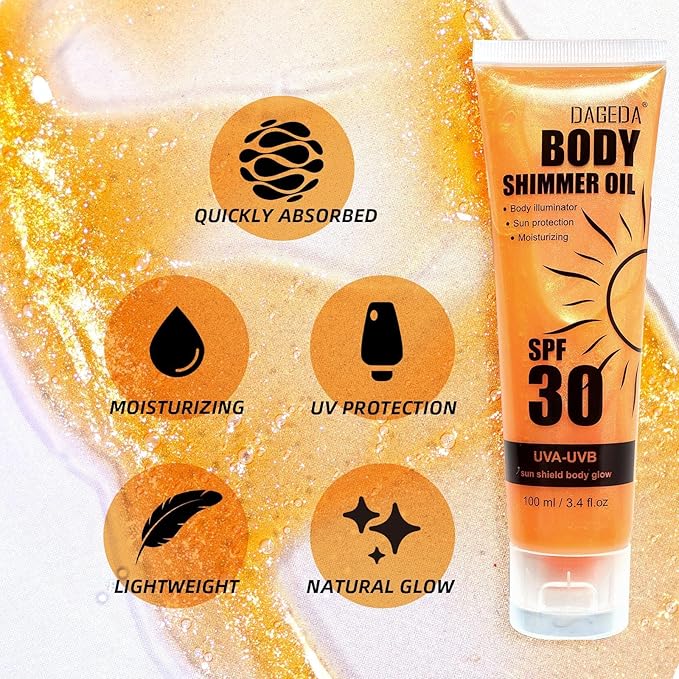 DAGEDA Body Glow Oil, SPF 30 Broad Spectrum Glitter Sunscreen, Lightweight, Non-sticky Sunscreen Body Shimmer, Sun Protection with Centella Asiatica Extract, UVA/UVB Protection, Gold 3.4 fl.oz