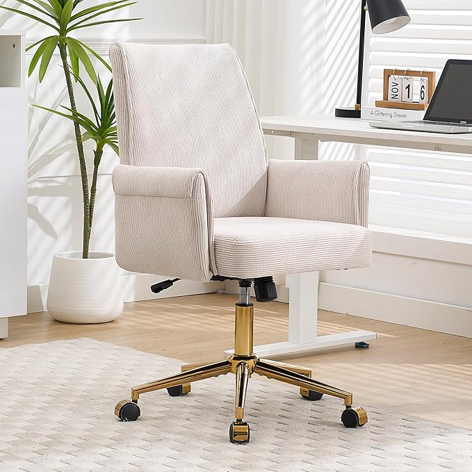 Stripes Velvet Home Office Desk Chair, Accent Upholstered Modern Height Adjustable Swivel Chair with Wheels,Ergonomic Task Chair for Living Room,Bedroom,Vanity,Study,Office（Cream）